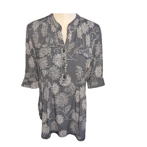 Cocomo Women Gray White Geometric Texture Floral Cuffed Babydoll Tunic Blouse L
